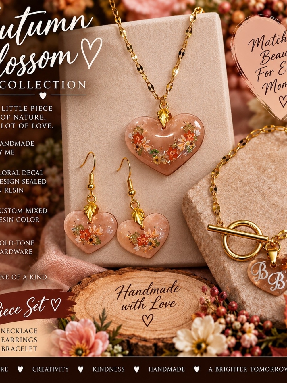 Handmade Autumn Blossom Floral Resin 3 Piece Jewelry Set Stainless Steel